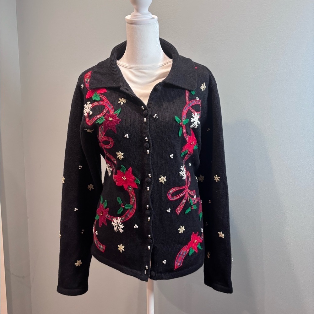 Christmas Sweater Women’s Size Small Black with Red and Green Holiday Embroidery